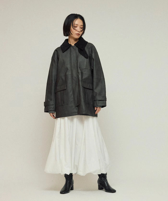 Oversized Crush Leatherette Jacket / Collar Corduroy