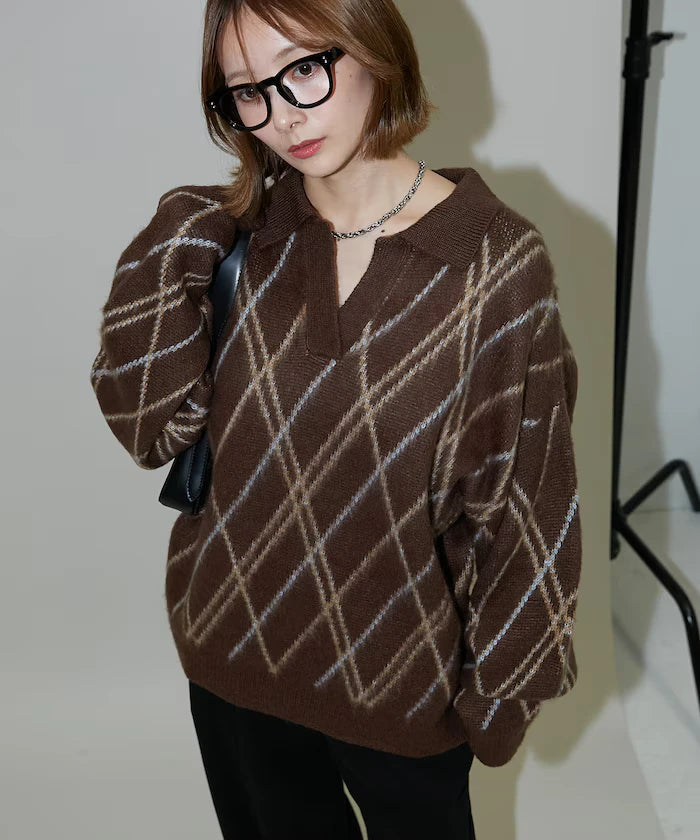Checked pattern mohair touch skimmer knit limited edition