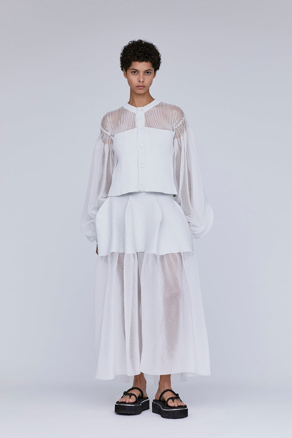 FLUTED LUCENT GLITTER PUFF SLEEVE CROPPED CARDIGAN