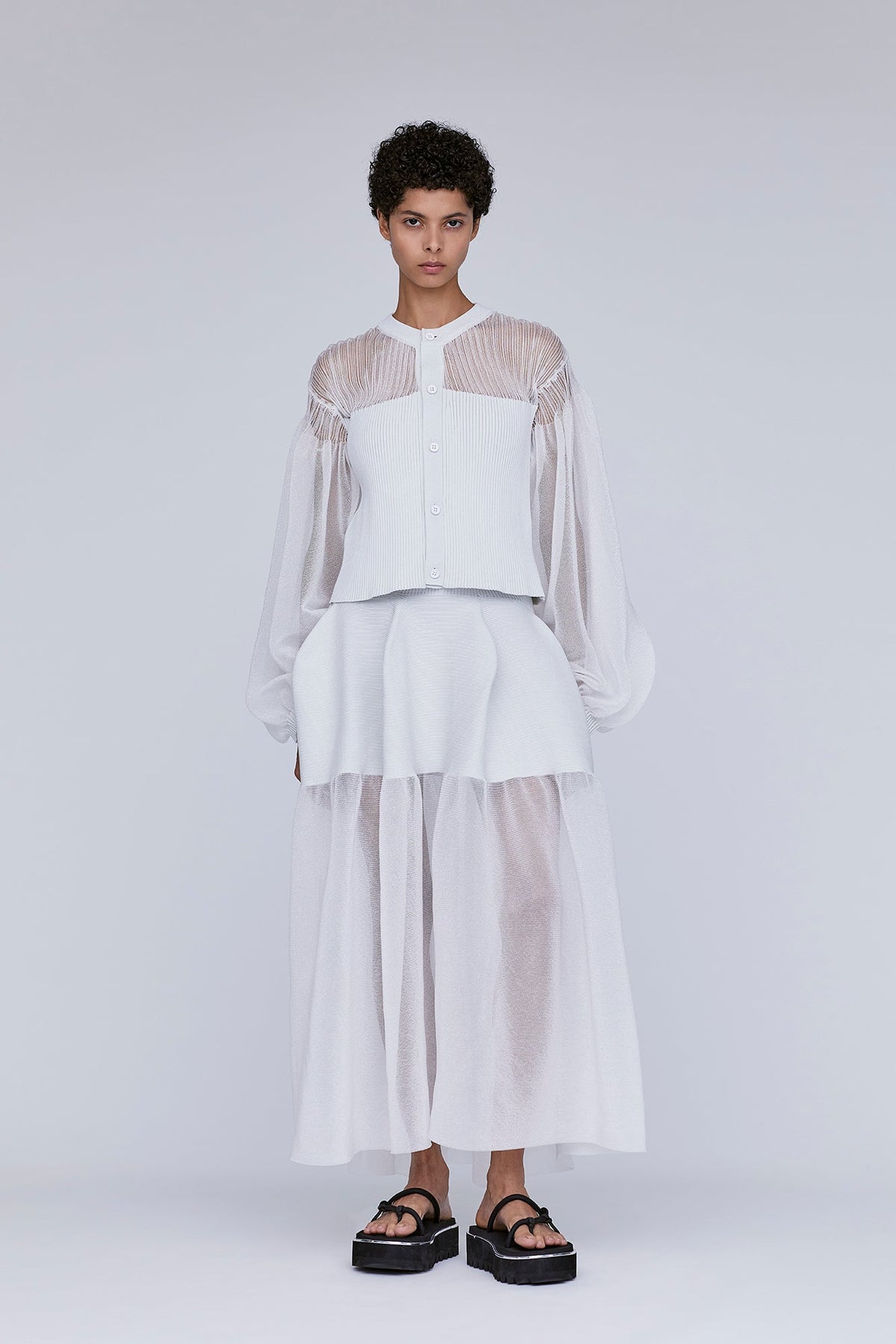 FLUTED LUCENT GLITTER PUFF SLEEVE CROPPED CARDIGAN