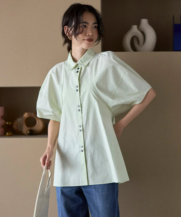 Color Added Balloon Sleeve Shirt / 5 Sleeve Blouse