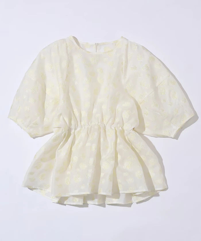 Flower Sheer Jacquard Volume Sleeve Peplum Blouse / 5 Minutes Sleeve