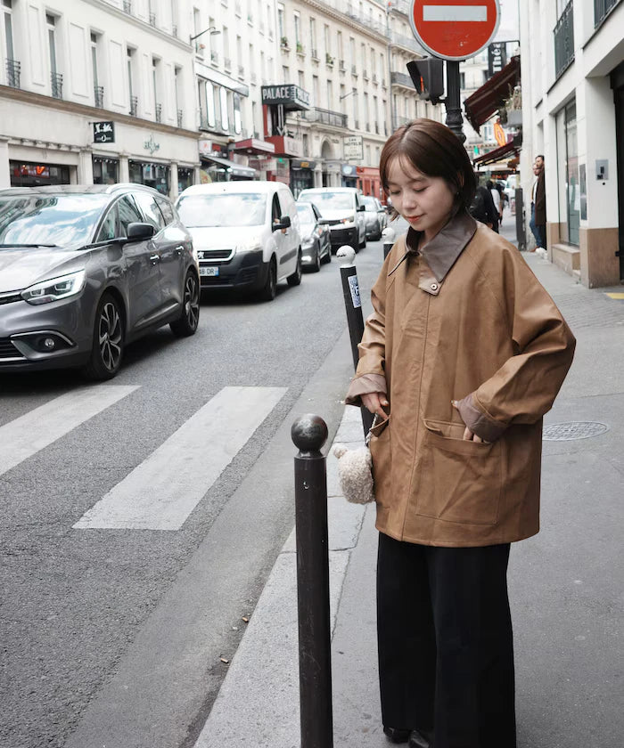 Oversized leatherette blouson / Mixed material switching