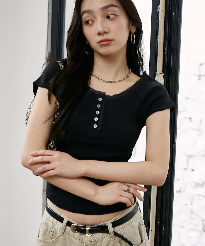 Collar Lace Contrast Henry Rib T-Shirt