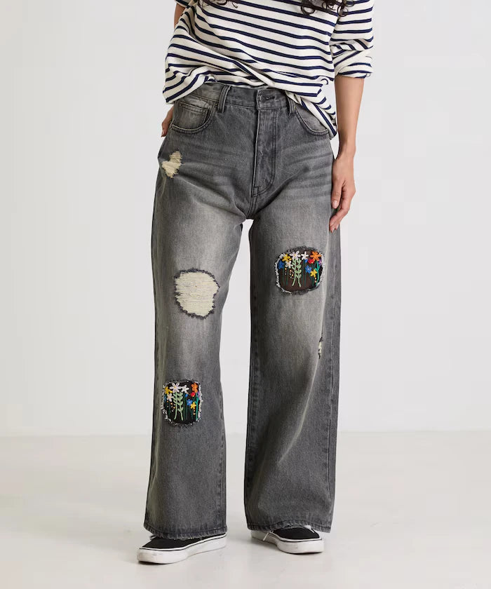 Flower Embroidery Wide Denim