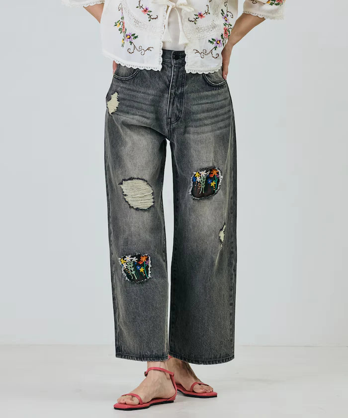 Flower Embroidery Wide Denim