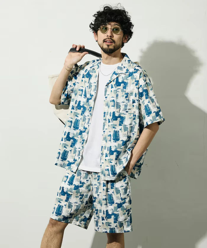 Open Collar Pattern Short Sleeve Shirt