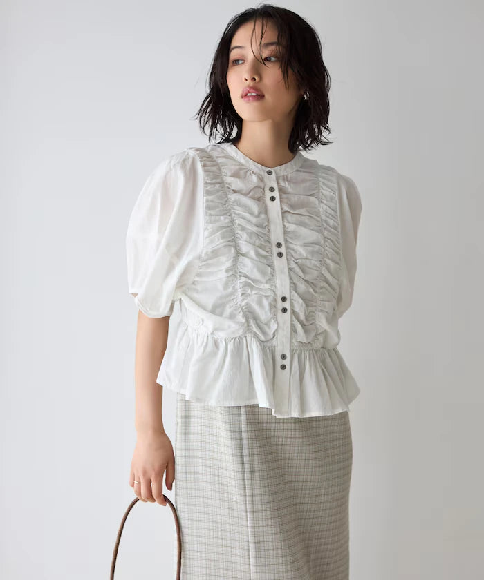 Sheer Shirring Volume Sleeve Blouse / 5 Short Sleeves