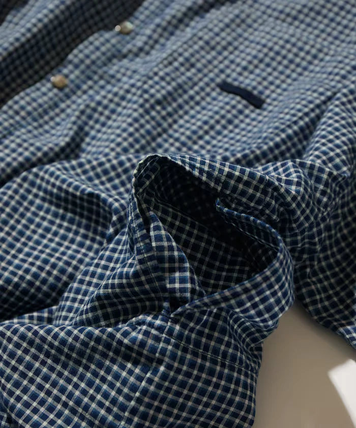 Indigo Madras Check Pullover Stand Collar Shirt