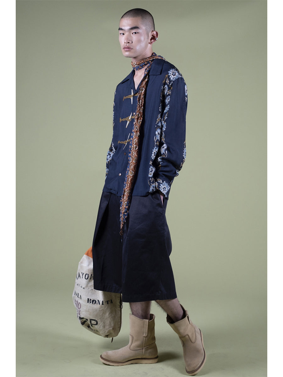 Silk Rayon Toggle - Myrept Long Sleeve Open Collar Shirt