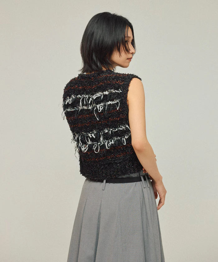Mixed Material Fringe Knit Vest / Striped Knit Gilet