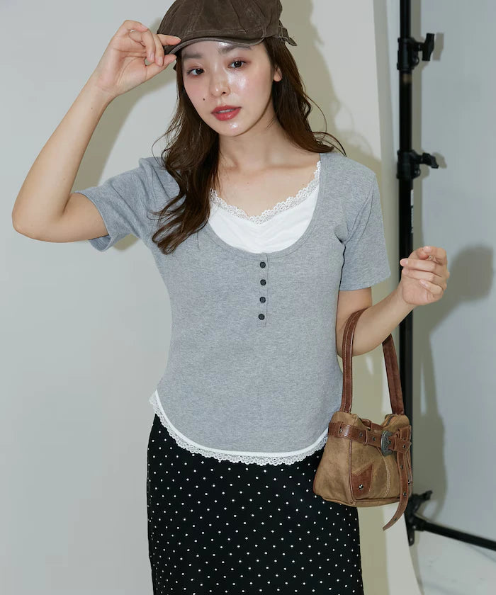 Short Sleeve Lace Layered Style Henley Neck T-Shirt Limited Edition