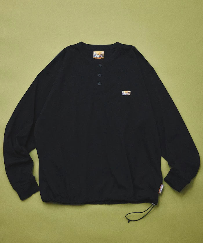 FREAK'S STORE for BEACH & FES Relax Fit One Point Logo Spindle Henley Neck Long Sleeve T-Shirt