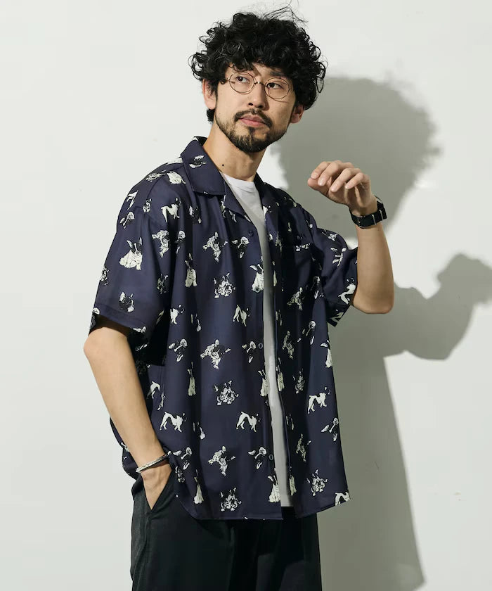 Mesh Open Collar Pattern Short Sleeve Shirt / Allover Design Open Collar Shirt / Big Silhouette