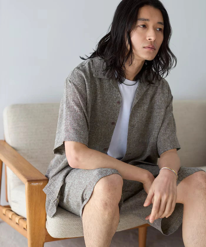 Dry Touch Summer Tweed Short Sleeve Open Collar Shirt