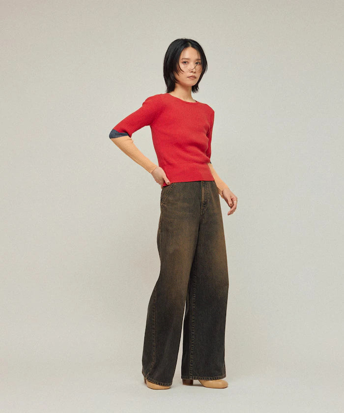 Functional material silk blend color block knit pullover / anti-pill / machine washable