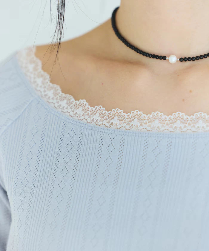 Boat Neck Pullover Knit Lace T-Shirt