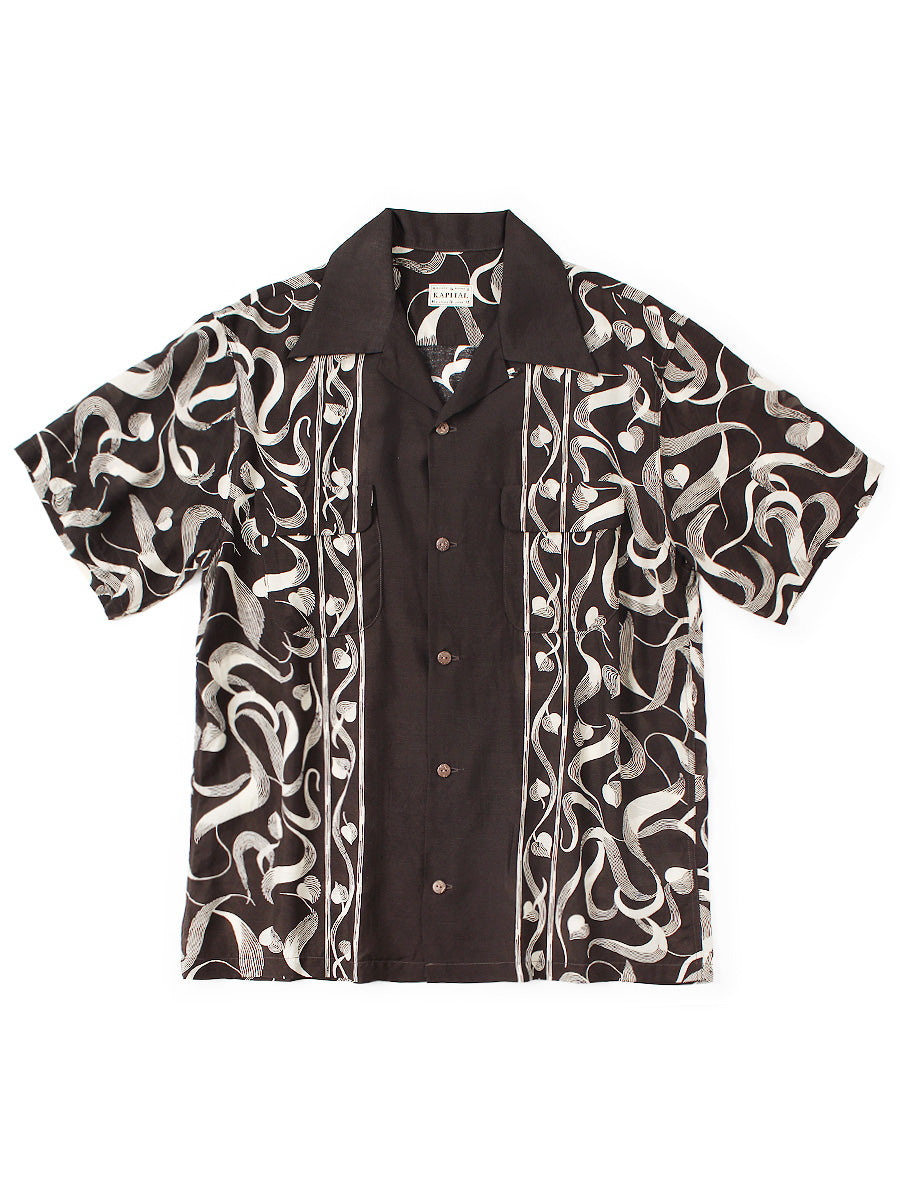 Silk rayon okra pattern short-sleeve open-collar shirt