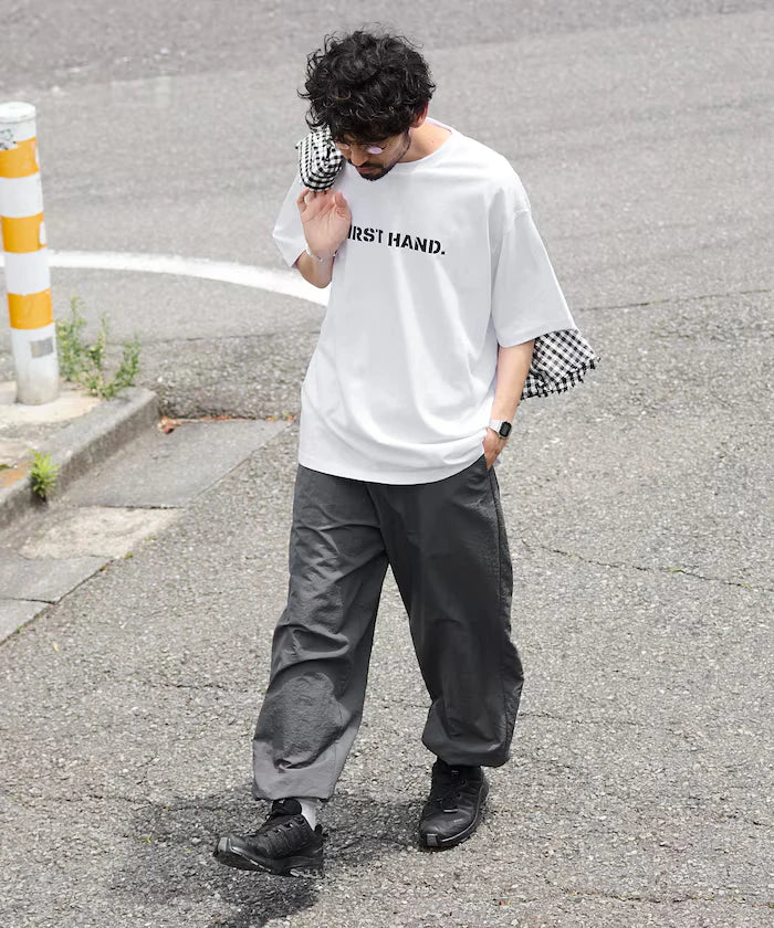 Wide Straight Nylon Track Pants / Tapered Silhouette Easy Nylon Pants