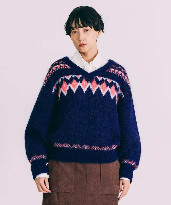 V-neck color block Nordic pattern knit