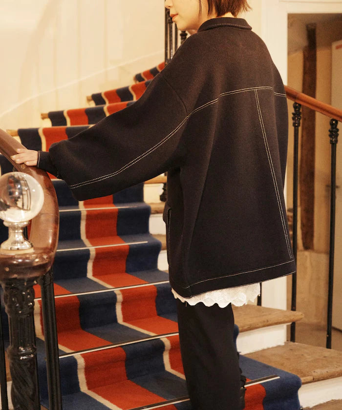 Oversized Wool Blend Knit Coverall / Color Stitch Knit Jacket