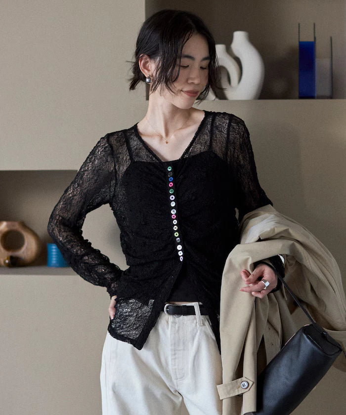 Many Button Lace Shirring Cardigan