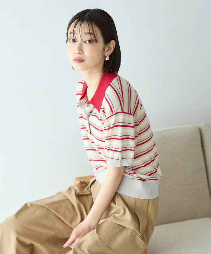 Relaxed Fit Color Design Polo Knit / Bicolor / Multi Stripe
