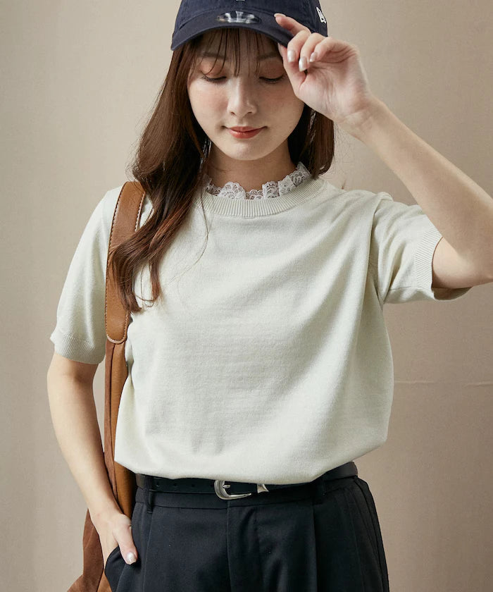 Lace Docking Short Sleeve Knit Top Limited Edition