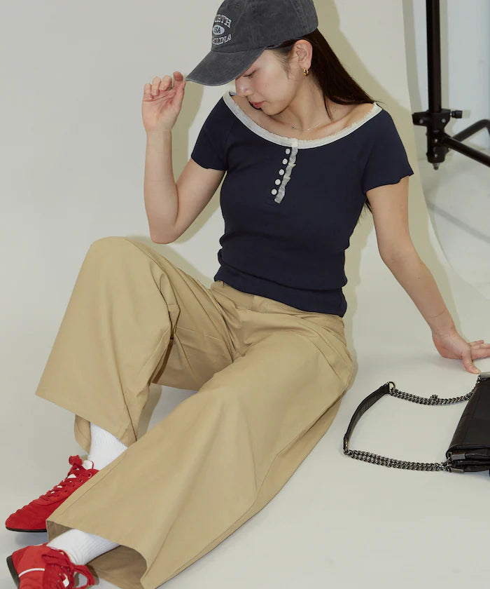 Collar Lace Contrast Henry Rib T-Shirt