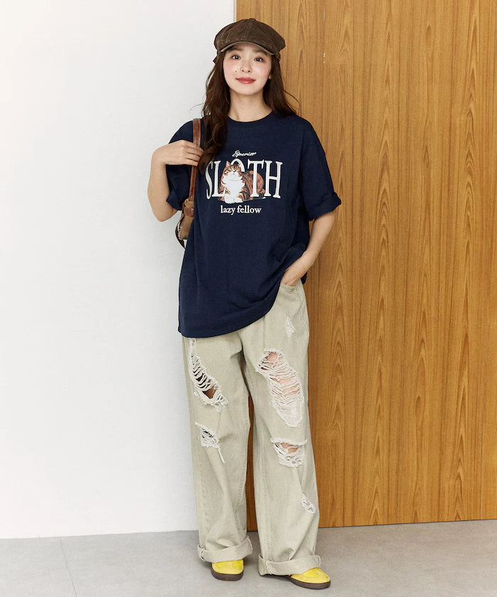 <Functional Material> SLOTH Embroidered Cat T-Shirt Limited Edition