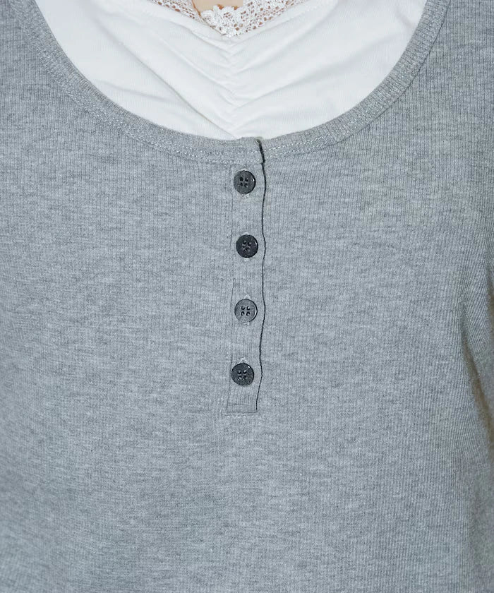 Short Sleeve Lace Layered Style Henley Neck T-Shirt Limited Edition