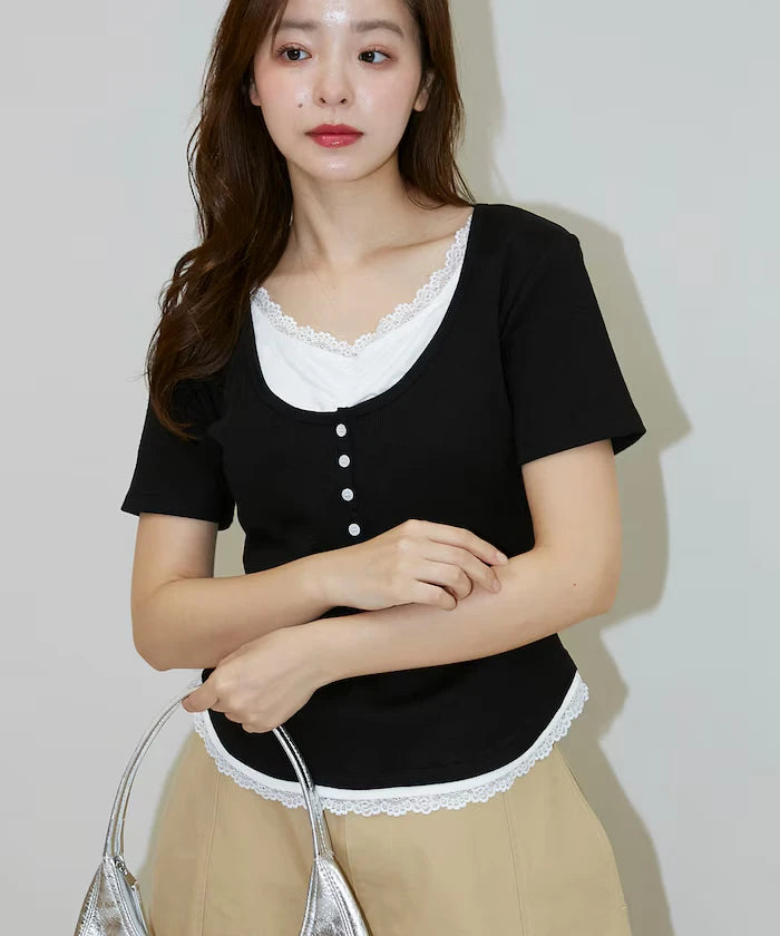 Short Sleeve Lace Layered Style Henley Neck T-Shirt Limited Edition