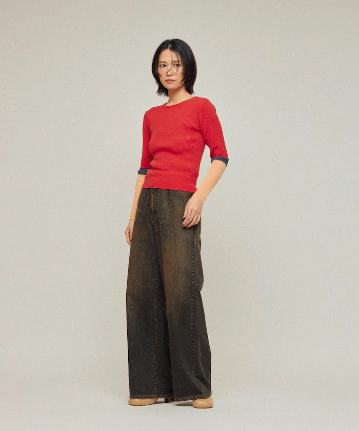 Functional material silk blend color block knit pullover / anti-pill / machine washable