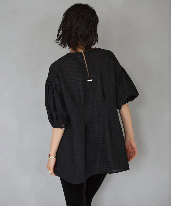 Sheer Check Balloon Sleeve Blouse