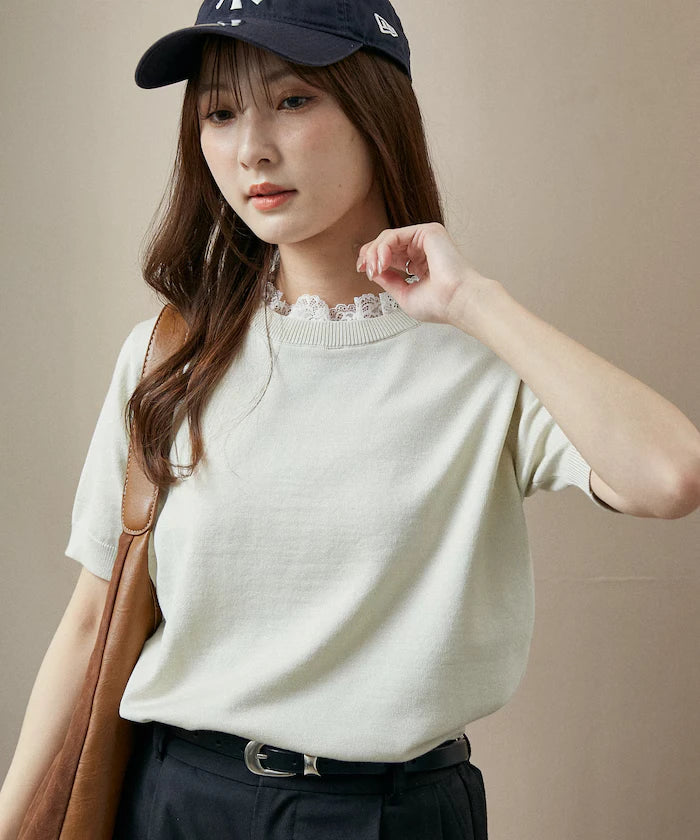 Lace Docking Short Sleeve Knit Top Limited Edition