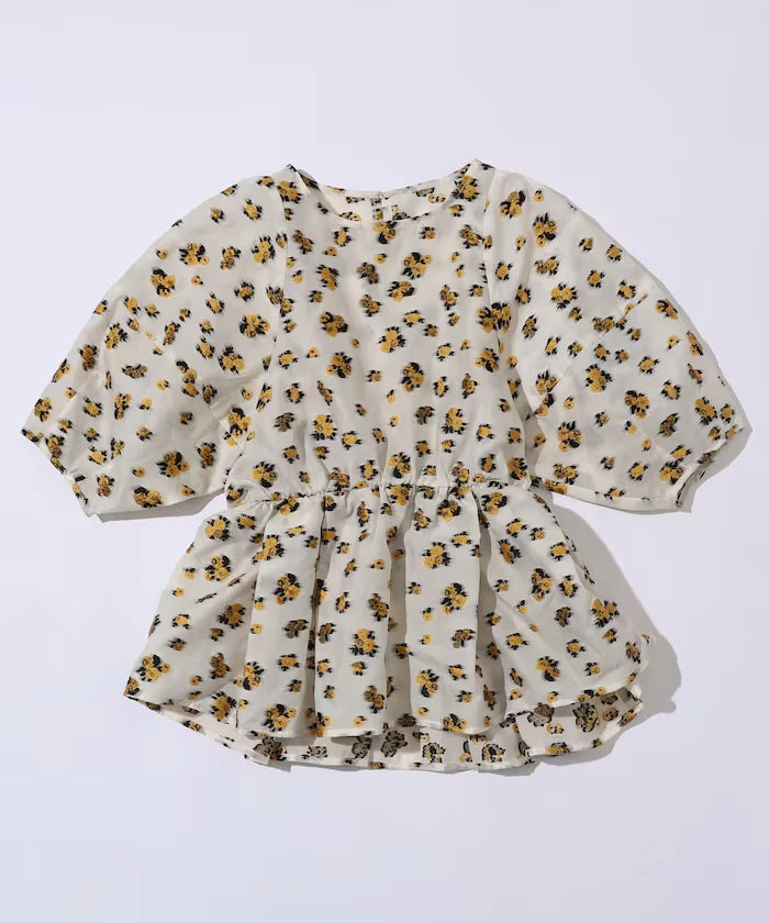 Flower Sheer Jacquard Volume Sleeve Peplum Blouse / 5 Minutes Sleeve