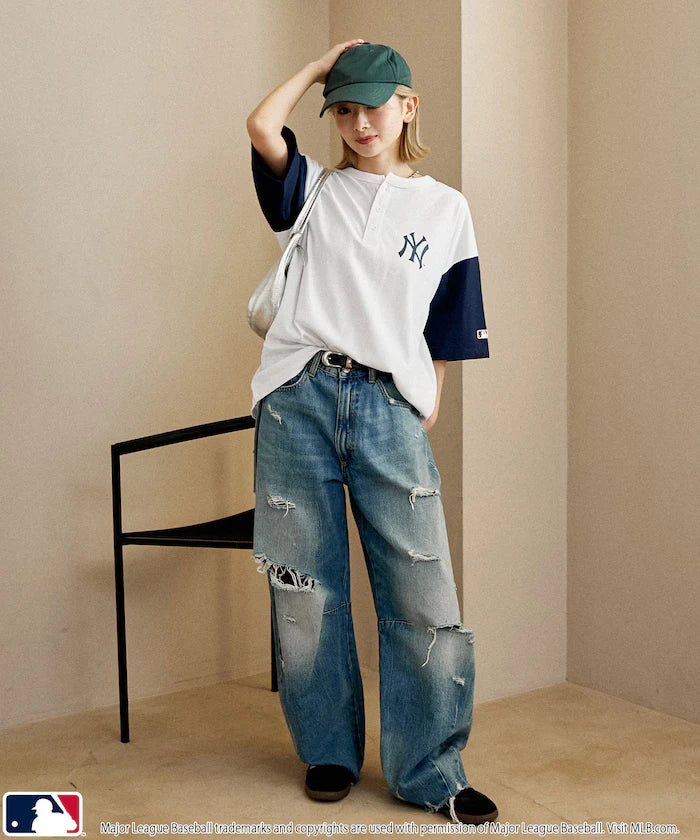 Limited Edition MLB Logo Print Henley Neck Oversized T-Shirt