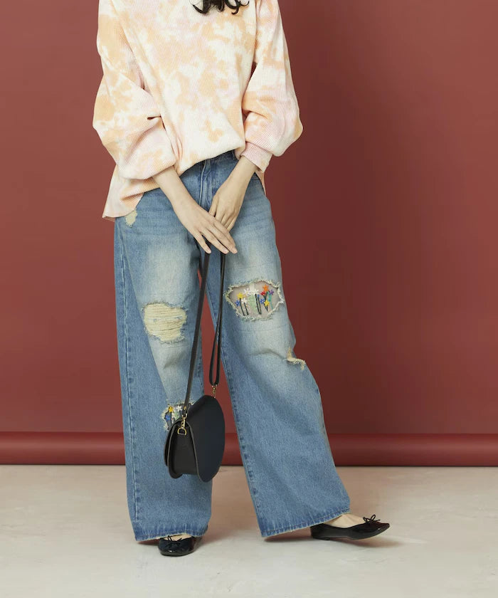 Flower Embroidery Wide Denim