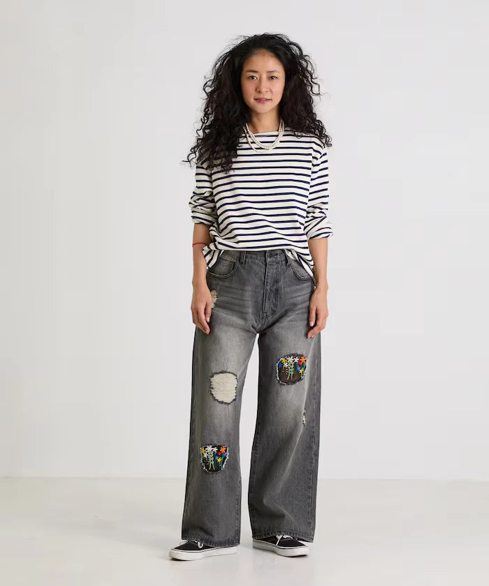 Flower Embroidery Wide Denim