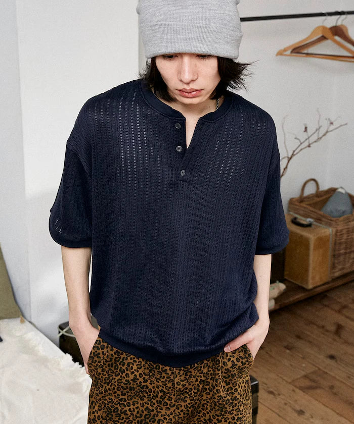 LOVE POP STUDIO Pattern Mesh Henley Neck T-Shirt Limited Release