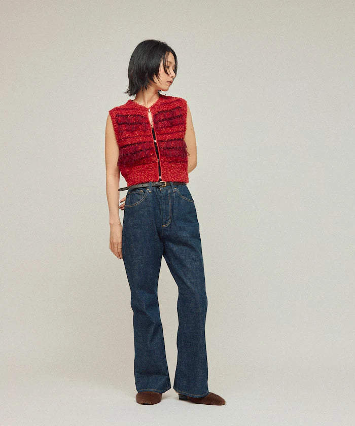 Mixed Material Fringe Knit Vest / Striped Knit Gilet