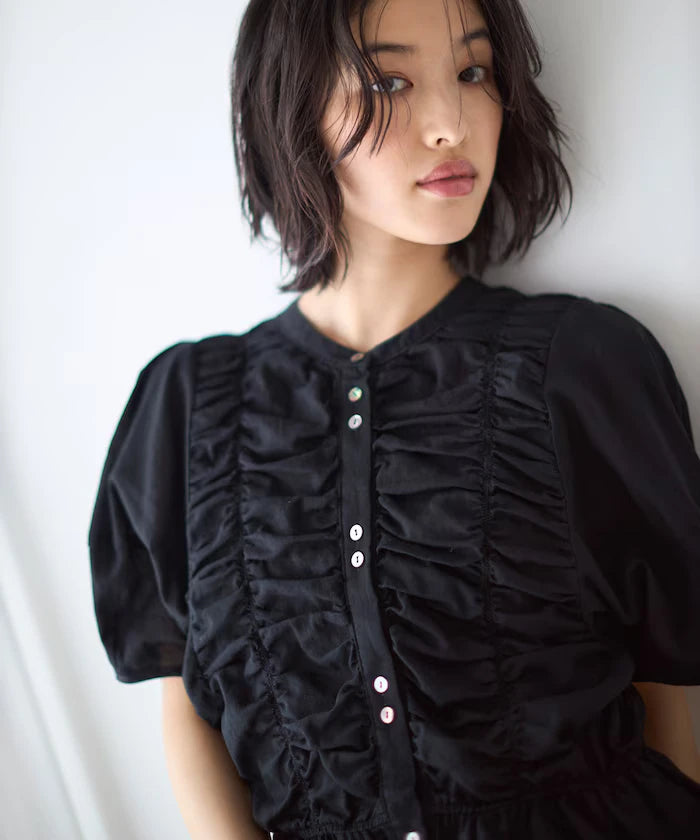 Sheer Shirring Volume Sleeve Blouse / 5 Short Sleeves