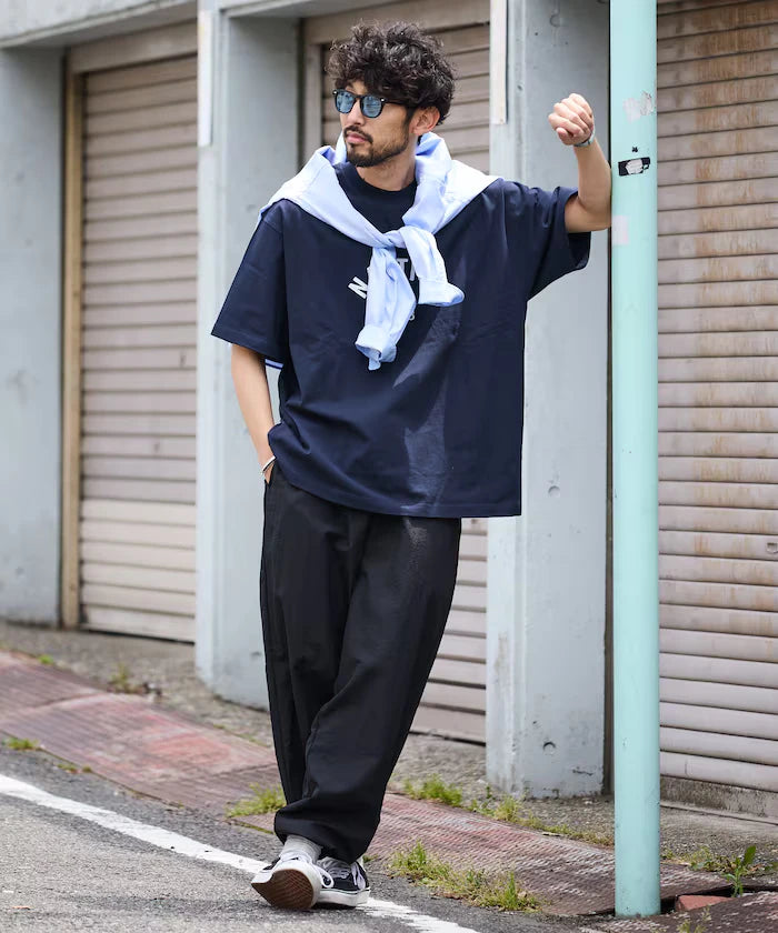 Wide Straight Nylon Track Pants / Tapered Silhouette Easy Nylon Pants