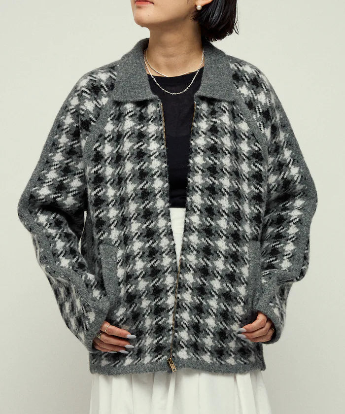 Wool Blend Gancube Check Knit Zip Blouson
