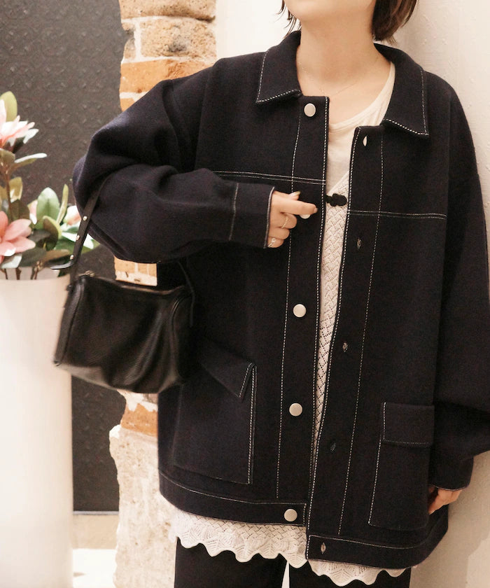 Oversized Wool Blend Knit Coverall / Color Stitch Knit Jacket