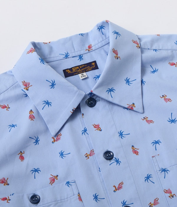 COTTON TWILL REGULAR COLLAR SHIRT “HULA & PALM TREE”