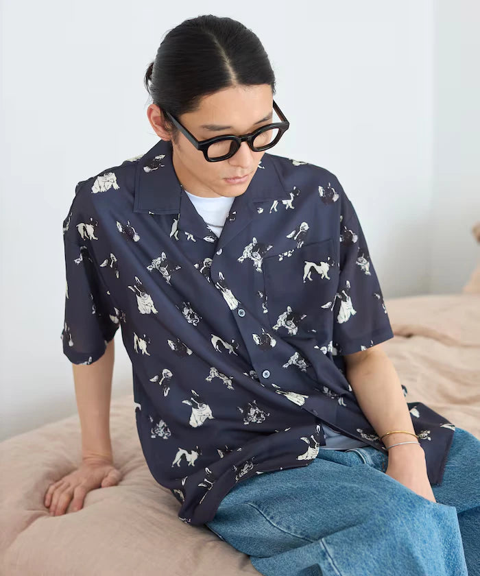 Mesh Open Collar Pattern Short Sleeve Shirt / Allover Design Open Collar Shirt / Big Silhouette