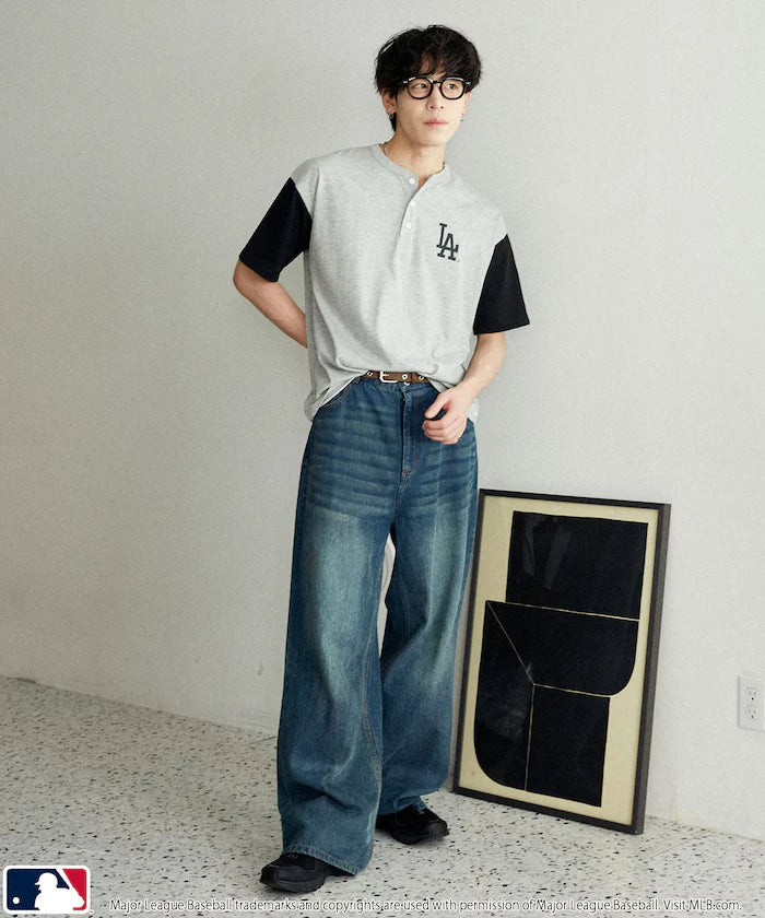 Limited Edition MLB Logo Print Henley Neck Oversized T-Shirt