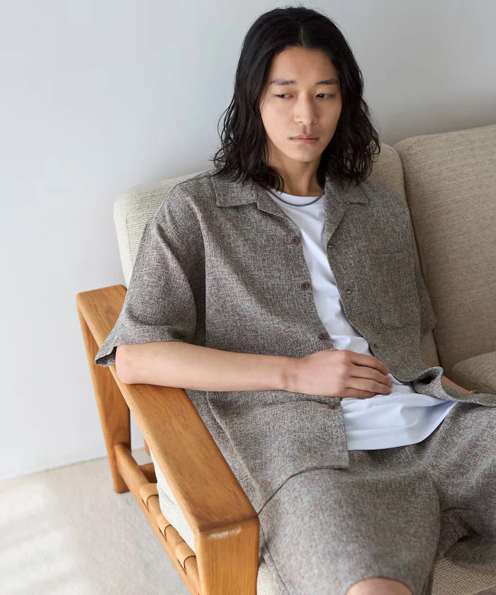 Dry Touch Summer Tweed Short Sleeve Open Collar Shirt