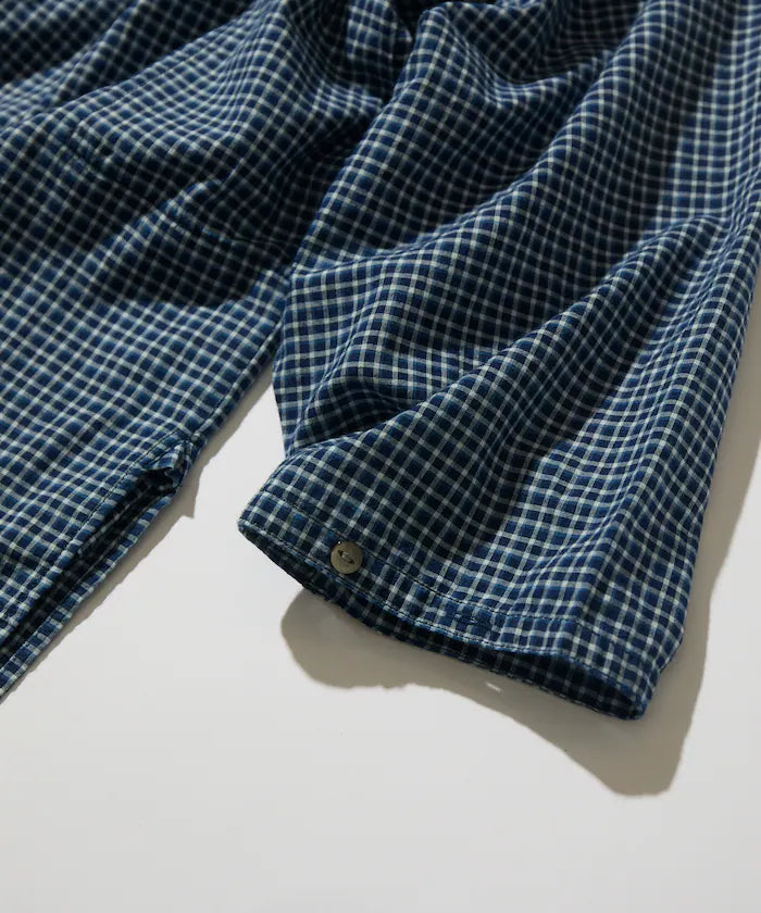 Indigo Madras Check Pullover Stand Collar Shirt